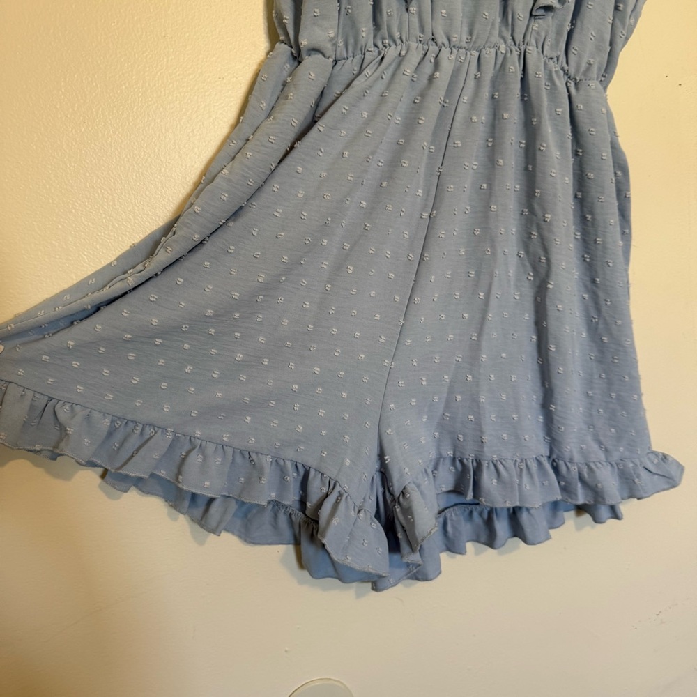 Light Blue Ruffle Lace-Back Romper - Picture 3 of 7